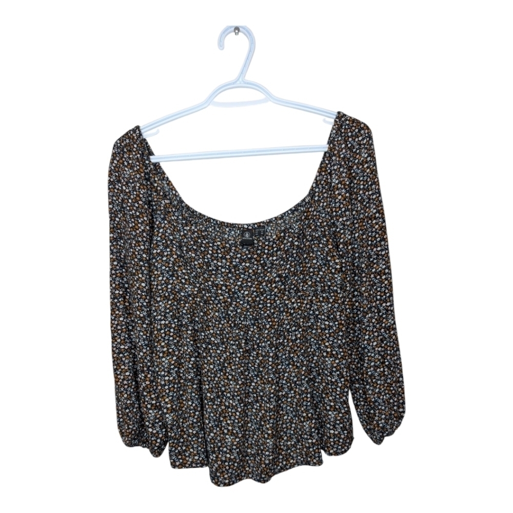 Volcom Women's Small 4/6 Black Floral Peasant Long Sleeve Flowy Top Cottagecore